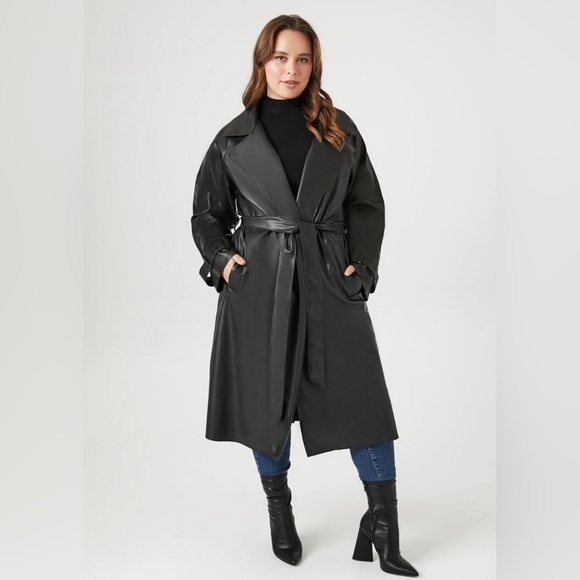 F21+ Faux Leather Belted Trench Coat 1X & 2X - Picture 1 of 6